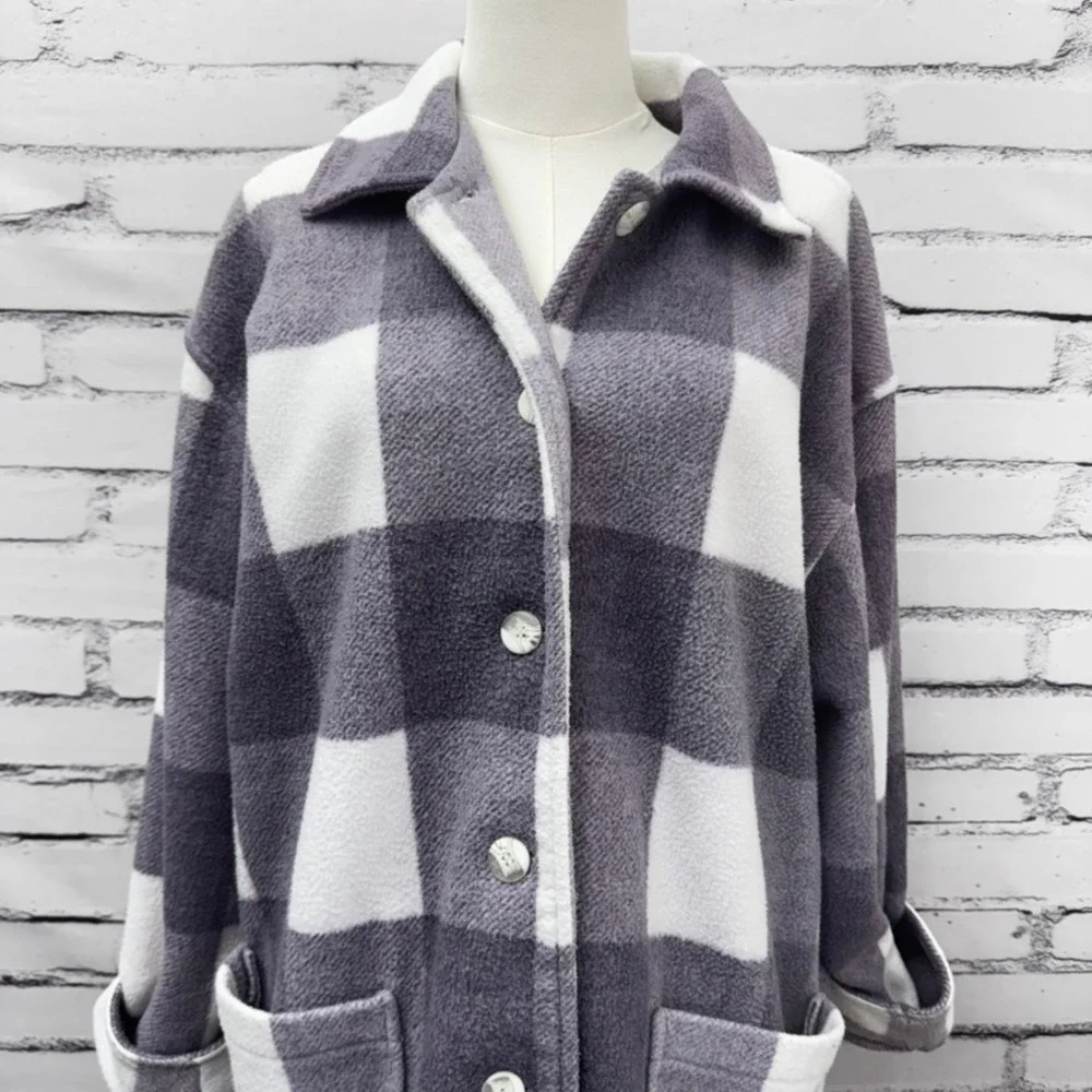 NY‎ 10018 Plaid Fleece Womens M Lavender Purple Buffalo Check Button Jacket